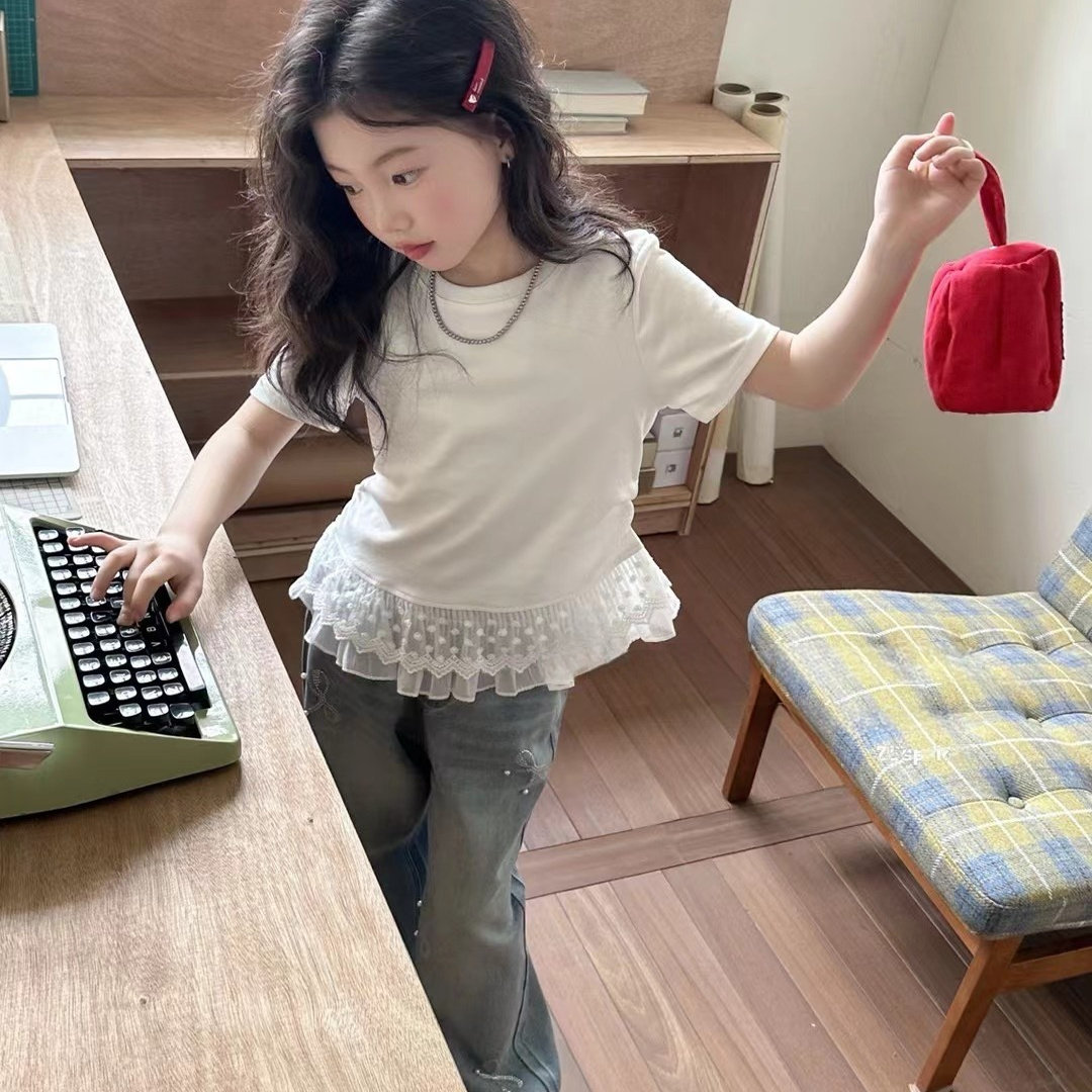 韩国童装新款白色蕾丝花边女童拼T恤