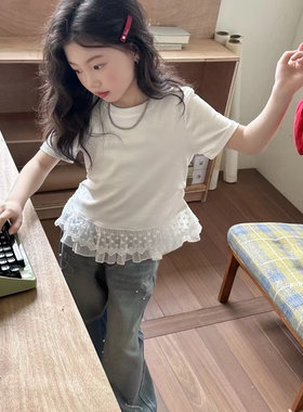 韩国童装新款白色蕾丝花边女童拼接短袖儿童洋气时髦t恤上衣