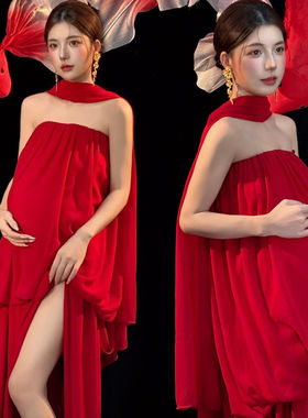 影楼马年新年红色喜庆锦鲤主题慵懒风高级感孕妈咪大肚艺术摄影服