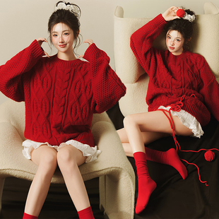 影楼新年主题本命红色麻花纹毛衣女氛围感个人写真摄影艺术照服装