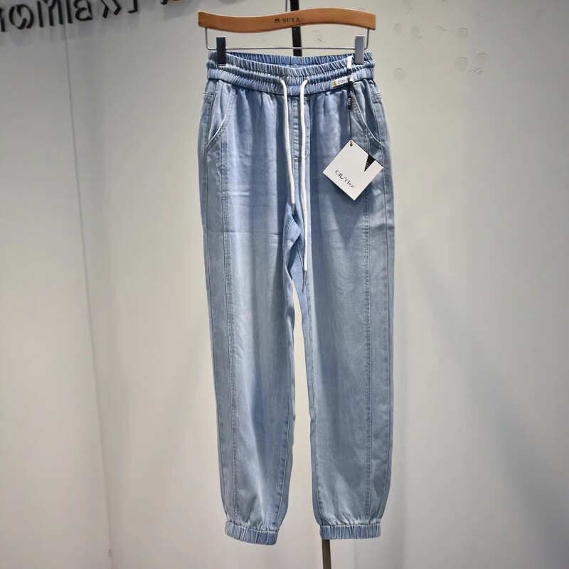 品牌女装女裤2026夏季63369专柜修身时尚休闲松紧腰运动牛仔裤
