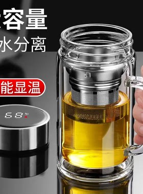 大容量双层玻璃杯带把智能显温水杯男女士办公室泡茶杯带盖500ml