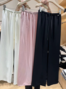 SJG十三行女装韩版松紧腰丝滑珠缎面质感冰丝抽绳凉凉阔腿裤89A08