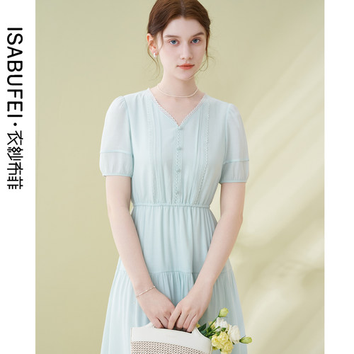 泡泡袖欧根纱连衣裙A字