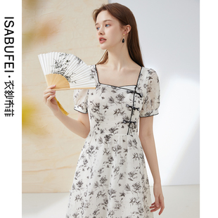 衣纱布菲画意国风印花连衣裙夏装 水墨画收腰裙子 女泡泡袖