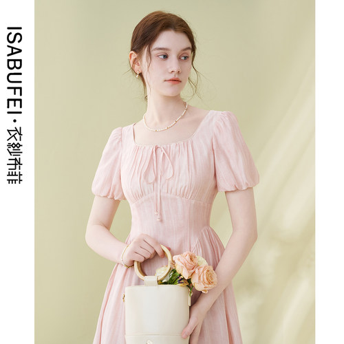 法式方领泡泡袖显瘦连衣裙