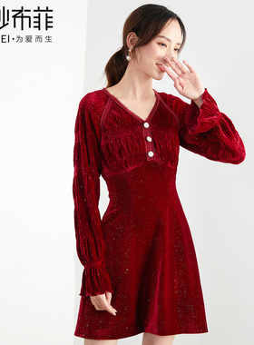 瑰黛冬季新款复古连衣裙红色礼服裙女宴会气质丝绒晚礼服新年红色