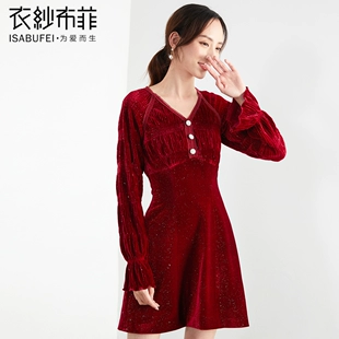 新款 瑰黛 冬季 复古连衣裙红色礼服裙女宴会气质丝绒晚礼服