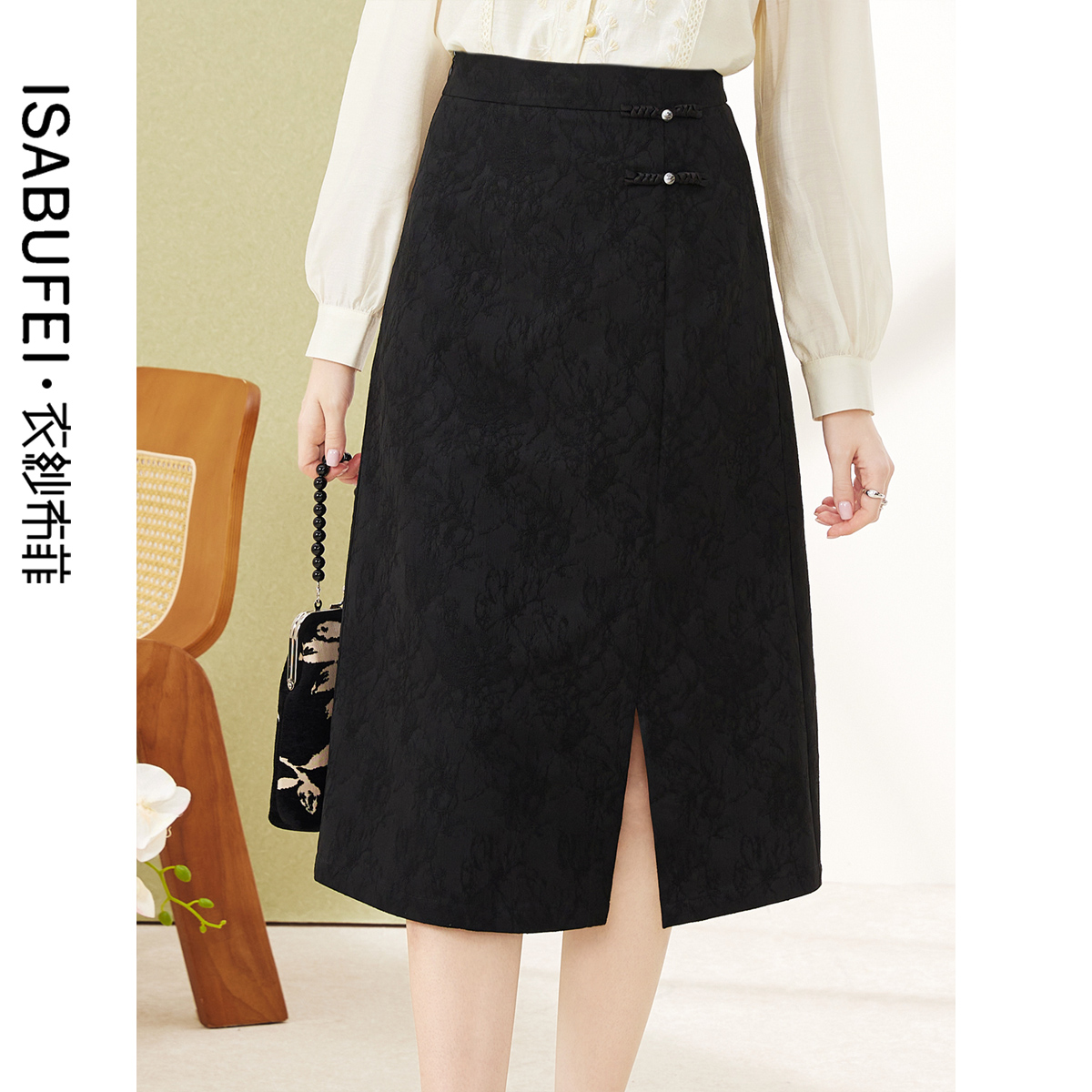 国风提花盘扣半身裙典雅提花面料