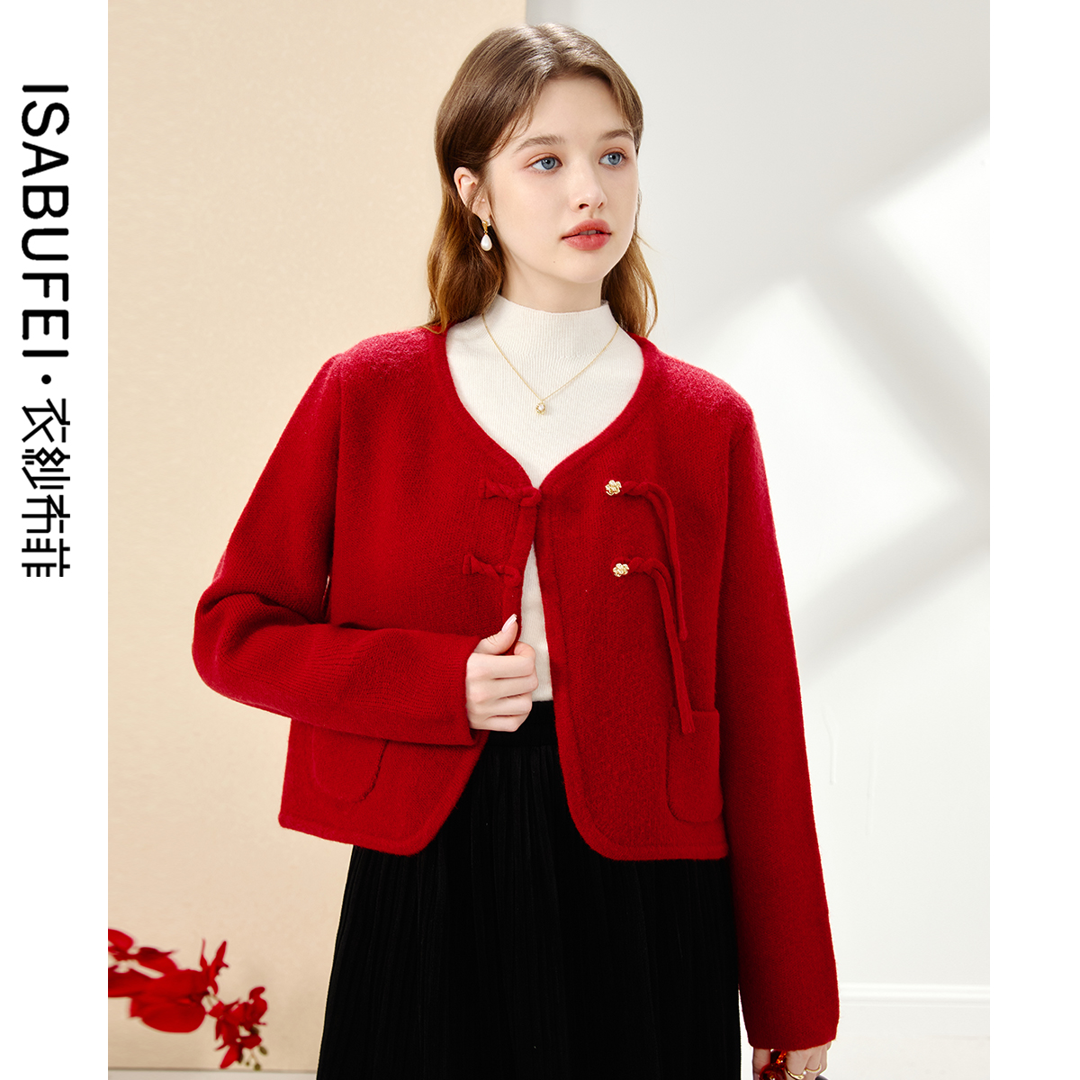 中国风红色针织开衫节日氛围感