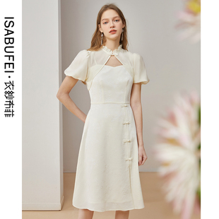 盘扣收腰裙子 女泡泡袖 衣纱布菲雅愉 国风披肩连衣裙夏装