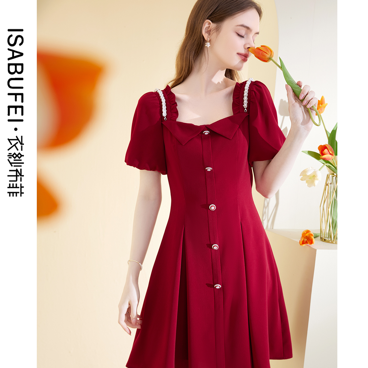 小红裙泡泡袖修身压褶气质裙子