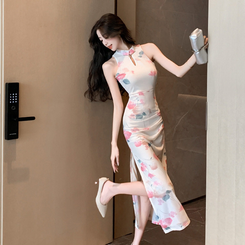 新中式挂脖无袖连衣裙女收腰显瘦花色长裙气质足疗足浴技师工作服