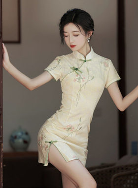 夏季中式棉质收腰开叉连衣裙