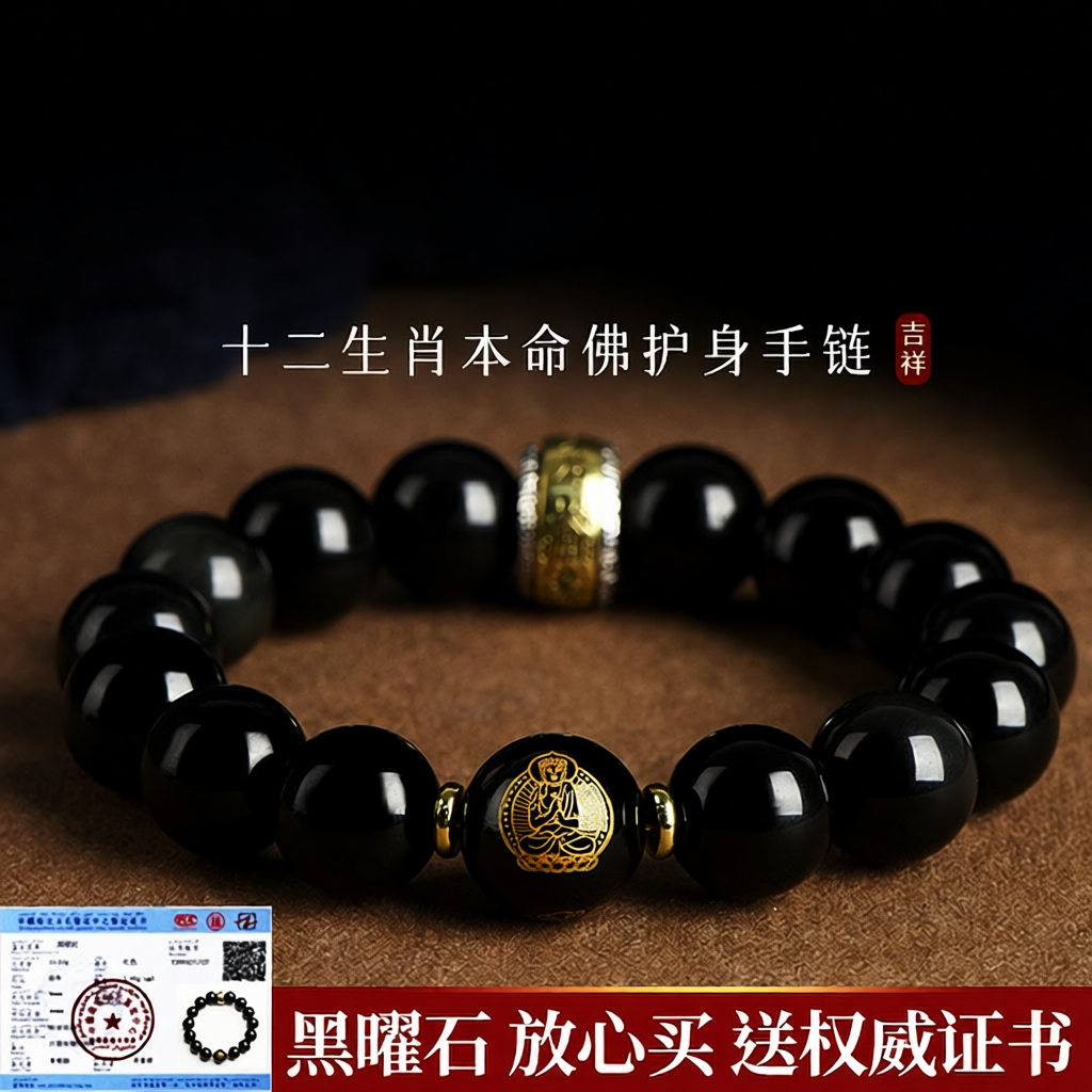 黑曜石普陀山黑曜石天然手链