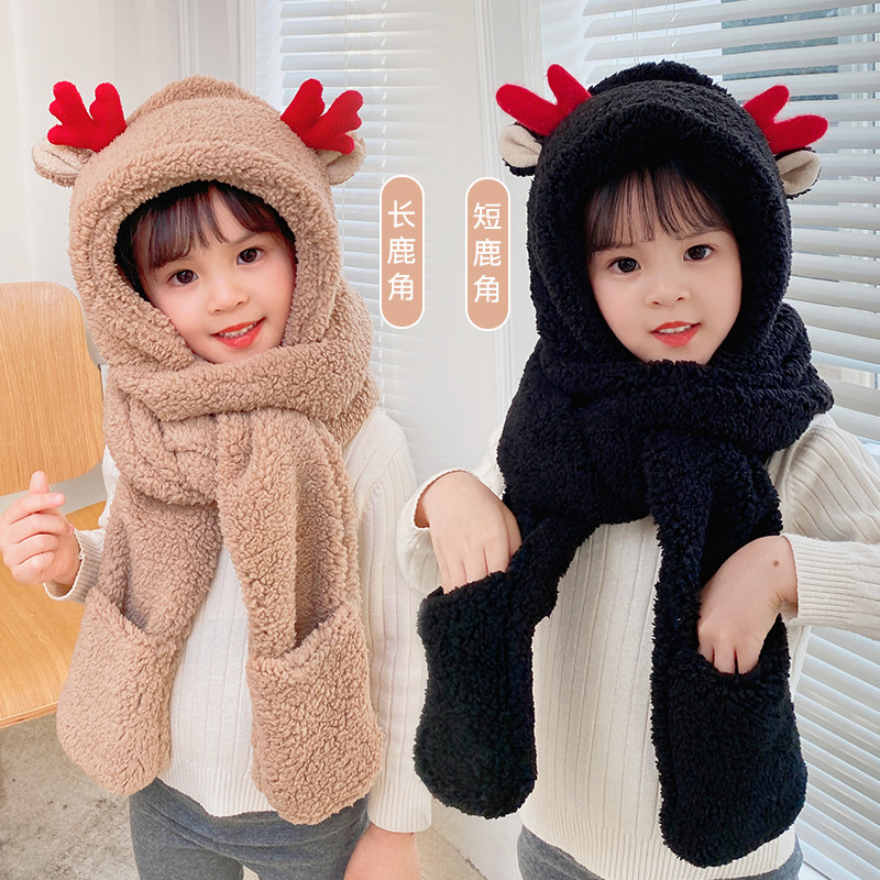 新款秋冬女圣诞鹿角连帽子围巾手套三件一体可爱儿童羊绒加厚保暖