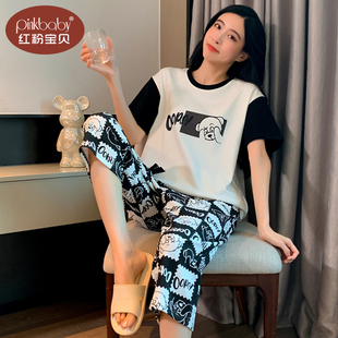纯棉睡衣女夏季短袖七分裤可爱卡通休闲宽松家居服套装2023年新款