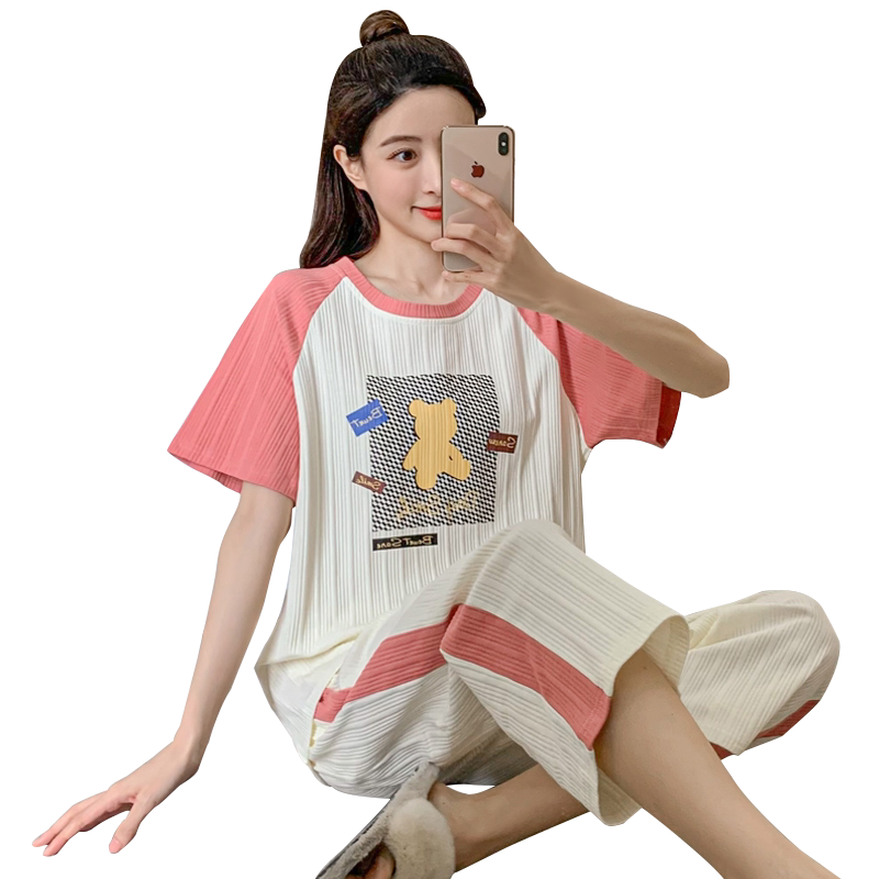 2024年新款睡衣女纯棉短袖七分裤家居服套装甜美学生夏天薄可外穿