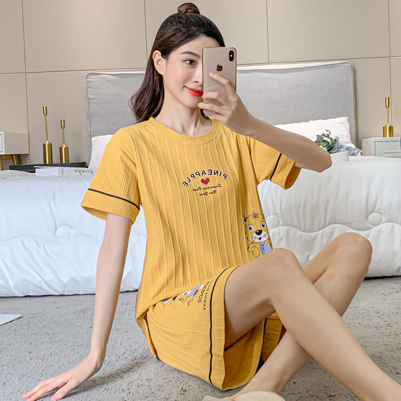 纯棉睡衣女夏季短袖短裤女生家居服休闲全棉夏天薄款2024新款套装