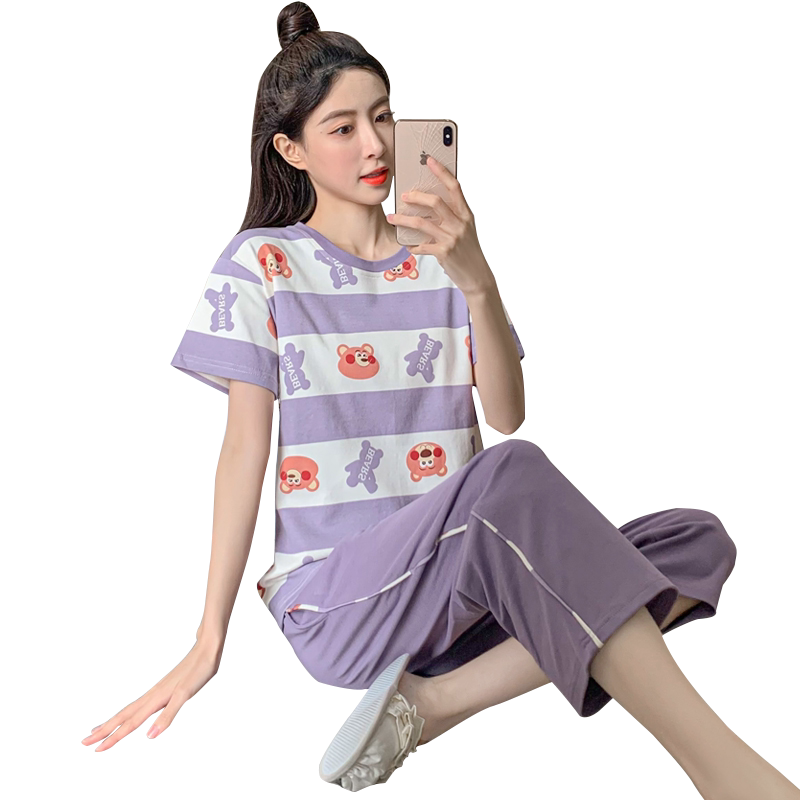 2024新款睡衣女士七分裤夏季纯棉短袖薄款可爱小熊学生家居服套装