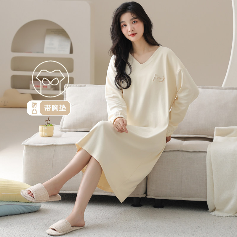 带胸垫纯棉睡衣春秋季简约少女长袖大码睡裙女生孕妇家居服连衣裙