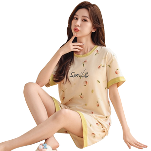 带胸垫凉感睡衣女夏款纯棉田园风短袖短裤夏天薄款休闲家居服套装