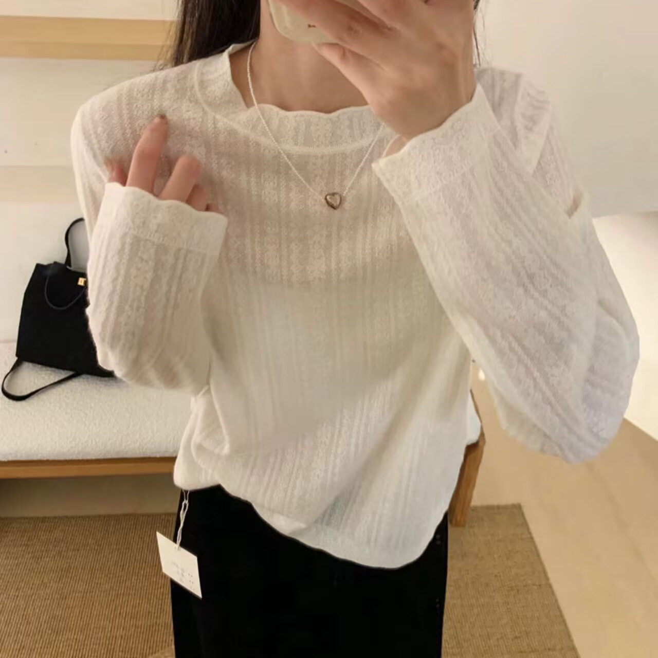 韩国东大门秋季新款韩系水溶蕾丝衫女花边领长袖打底羊毛蕾丝上衣