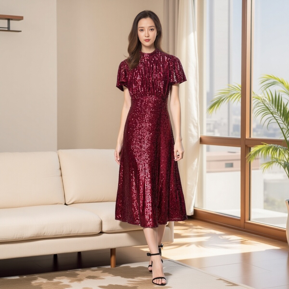 重工亮片显瘦A字连衣裙