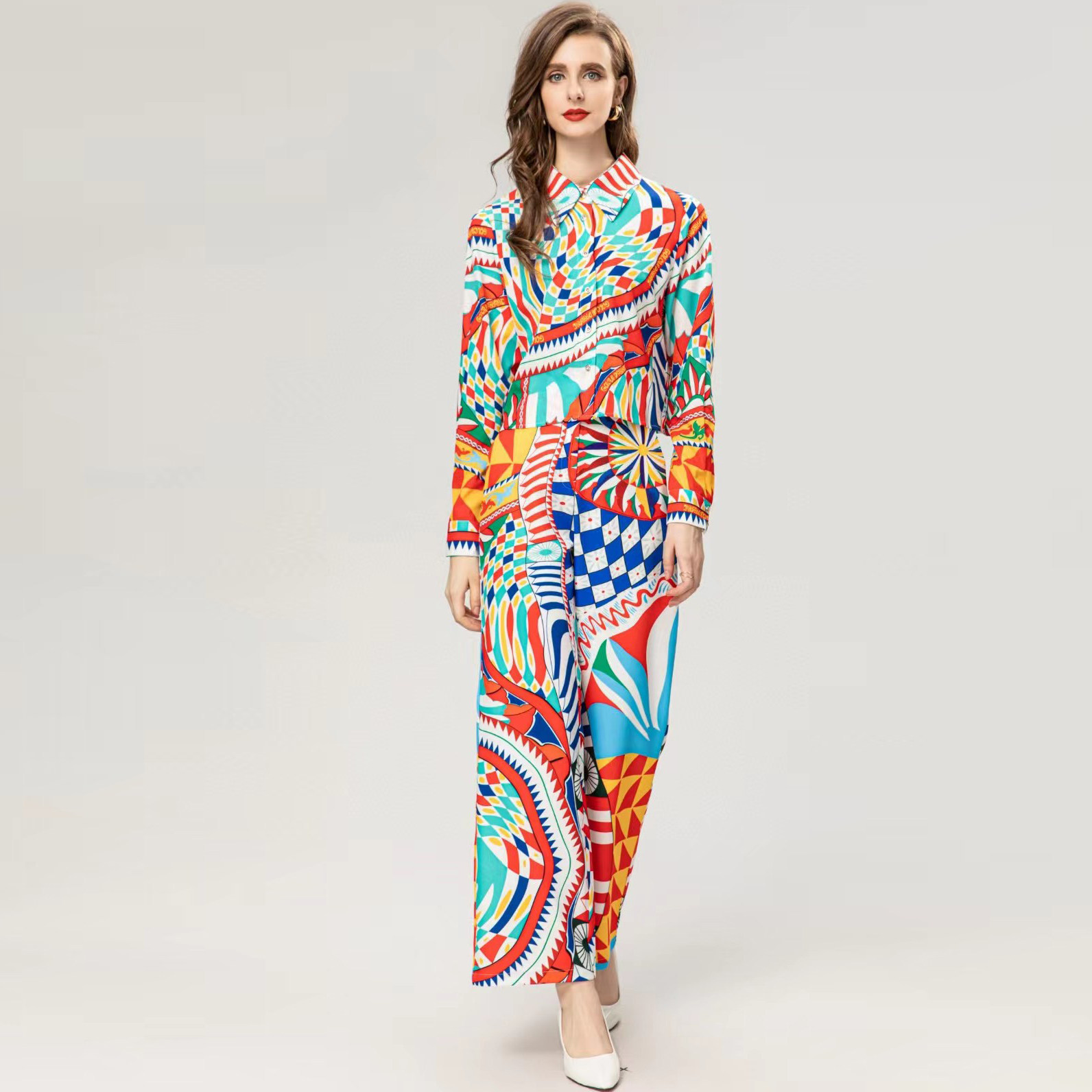 欧美时尚走秀衬衣套装2件套2024春女装印花衬衫高腰半身裙阔腿裤