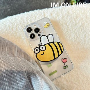 原创韩国ins卡通可爱小众趣味涂鸦花朵蝴蝶蜜蜂支架iPhone16promax15plus14pro13mini12透明手机壳17