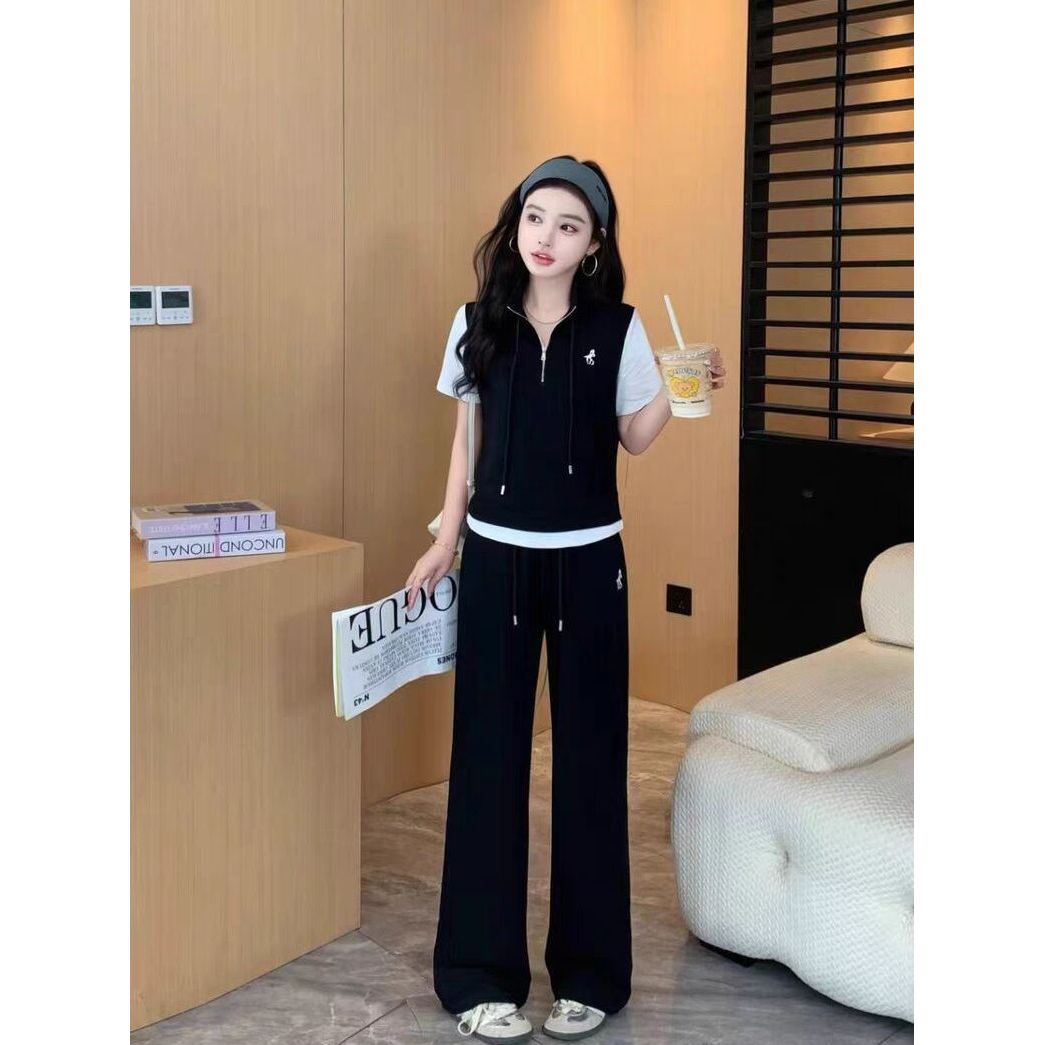欧货休闲运动针织套装女夏季2025年新款时尚简约假两件短袖阔腿裤