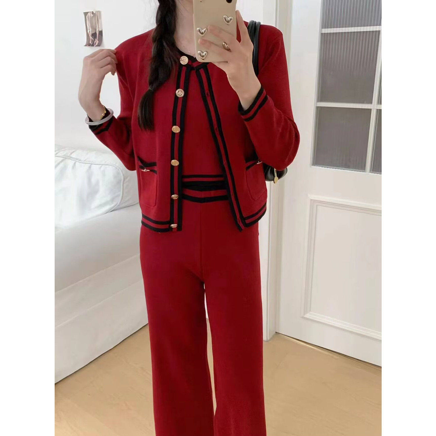 法式气质小香风女修身显瘦针织开衫外套吊带打底休闲阔腿裤三件套,女装/女士精品,毛针织衫,淘宝优惠券,粉丝福利购,淘宝优惠卷