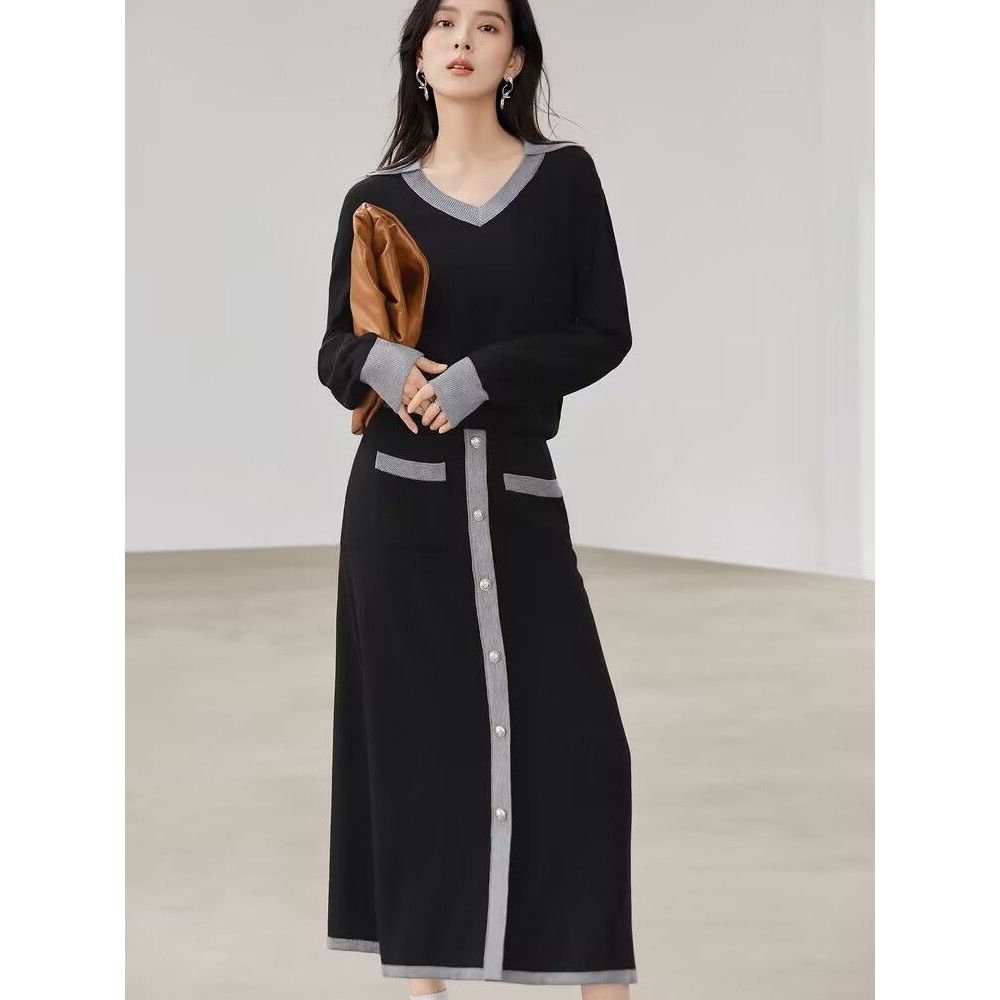 小香风拼色针织套装裙女2025年春秋新款V领毛衣+半身裙气质两件套