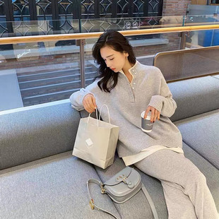 秋季时尚网红慵懒宽松港风套装女复古chic洋气针织阔腿裤两件套