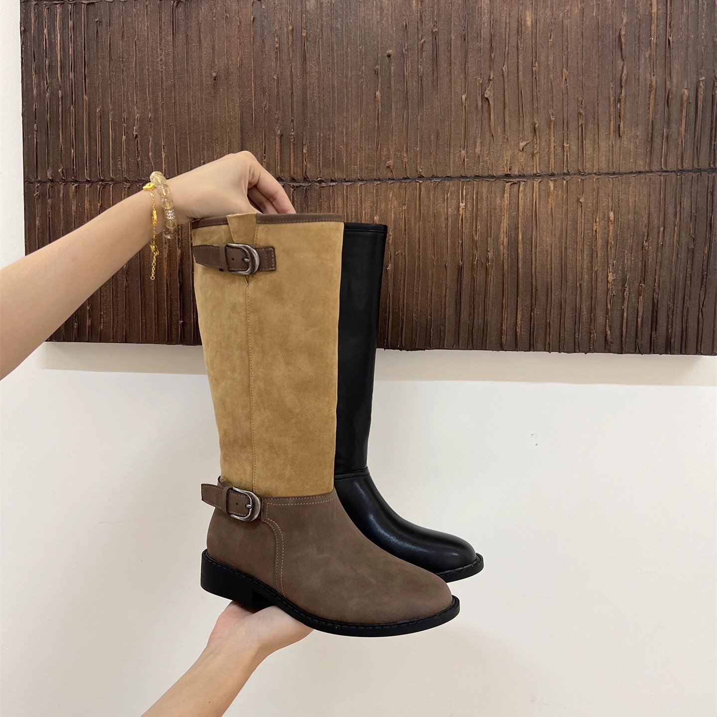 25秋新款拼接不过膝长筒靴