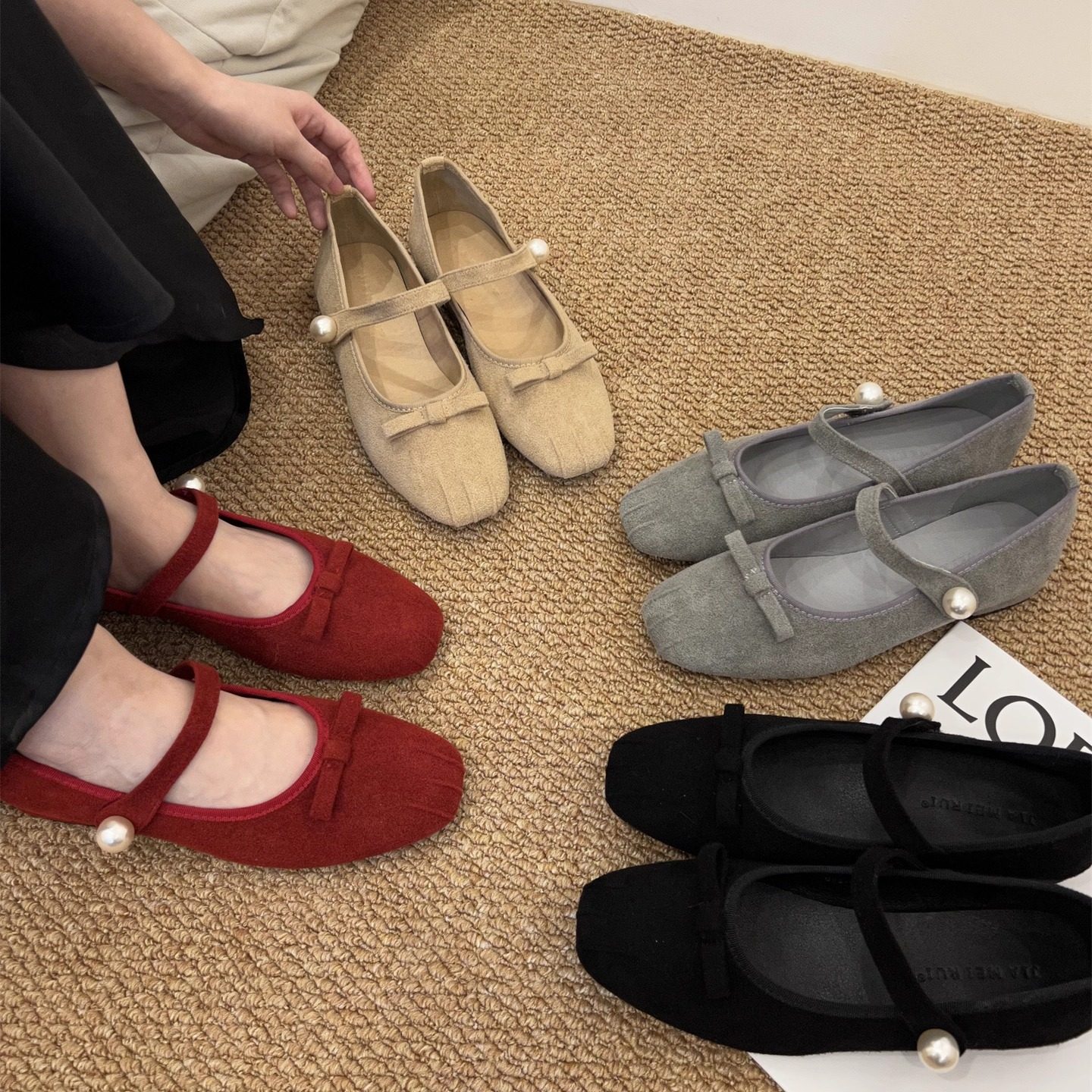 韩版低跟妮子绒面方头玛丽珍鞋女鞋法式珍珠一字带蝴蝶结通勤单鞋