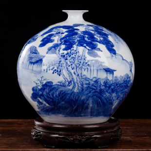 景德镇陶瓷器手绘青花瓷花瓶石榴瓶山水画仿古中式 客厅博古架摆件