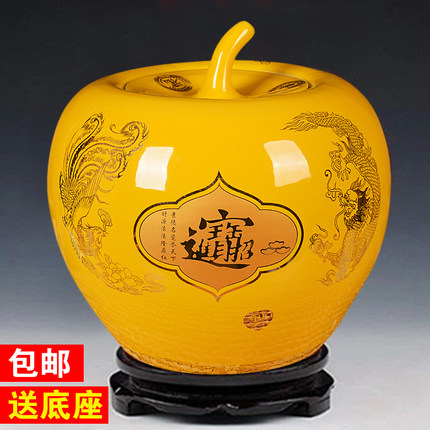 景德镇陶瓷器米缸米桶 中国红招财进宝苹果大号储物罐 结婚糖果罐