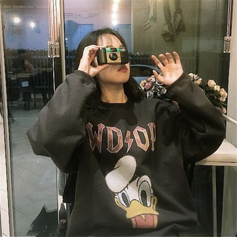 Paula's Same Kind ~Retro Cute Cartoon Duck Printed Round-collar Sanitary Clothes Korean Women in Autumn and Winter