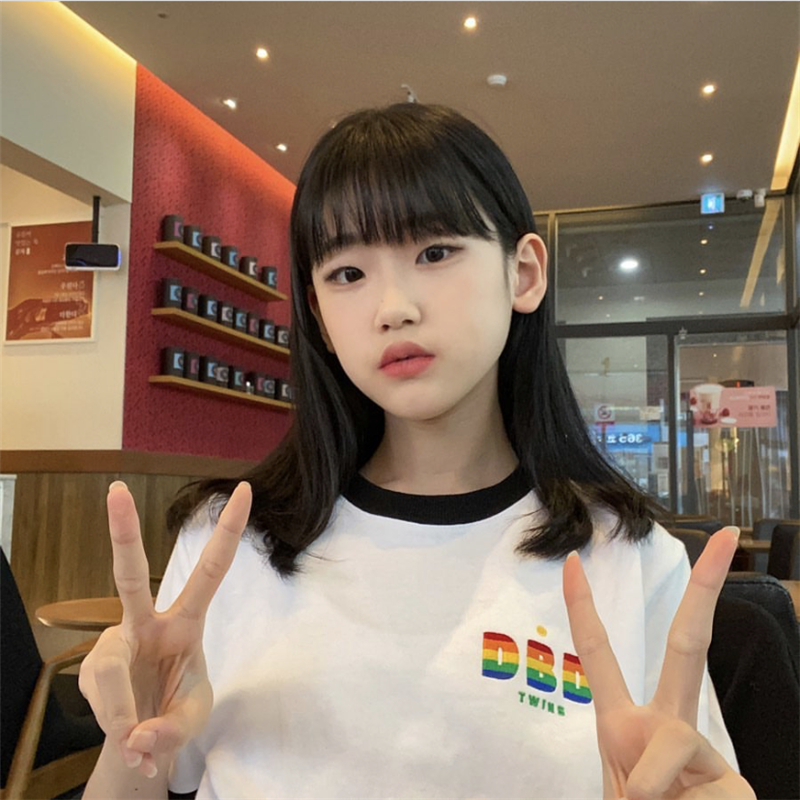 ~Young girl Harajuku retro academy cute embroidery rainbow letter color matching short sleeve T-shirt South Korea