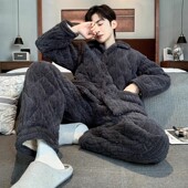 三层夹棉加厚男士 保暖睡衣 居家服法兰绒加绒东北雪地秋冬两件套装