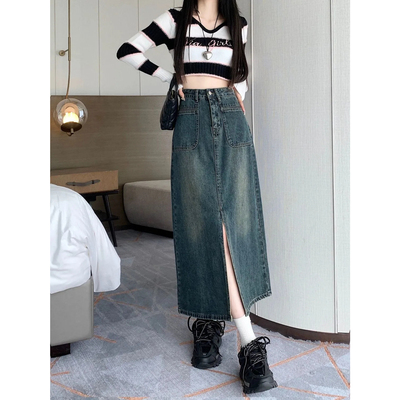 2026年夏季新款双口袋开叉牛仔裙女高腰长款宽松显瘦垂感直筒半裙
