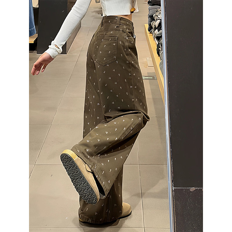 可可棕碎花设计感牛仔裤女舒适拖地复古休闲百搭日常慵懒风,女装/女士精品,休闲裤,淘宝优惠券,粉丝福利购,淘宝优惠卷