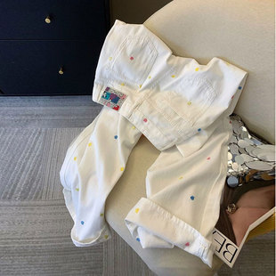 2026宽松休闲显瘦阔腿拖地裤 秋夏季 女大码 白色碎花刺绣直筒牛仔裤