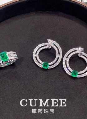 CUMEE宽版合成祖母绿银镀金女戒