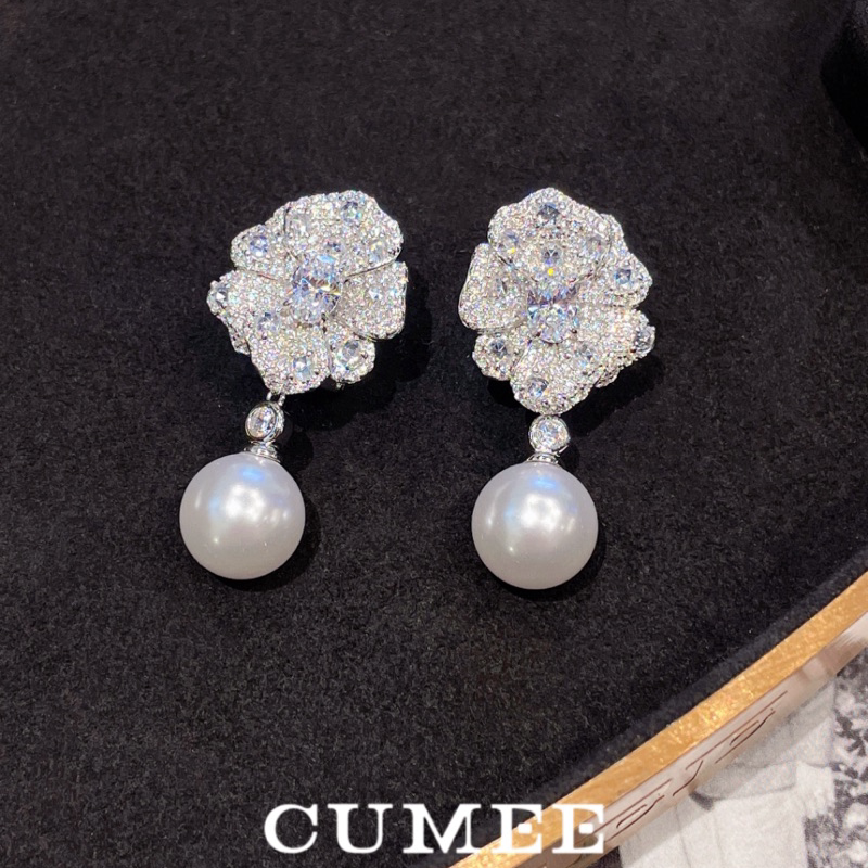 CUMEE 繁花 高定小轻奢度假风色人工澳白贝珠耳坠.银镀金