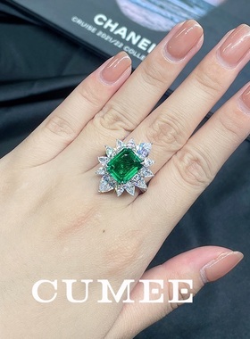 CUMEE 时尚满镶围钻大颗6.5ct合成仿真祖母绿女戒指.银镀金
