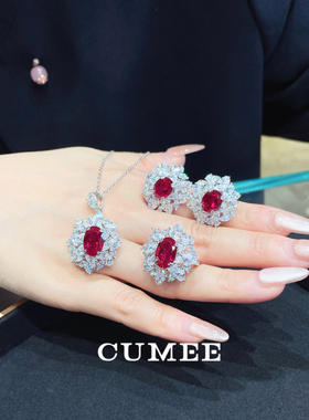 奢华豪镶大牌款培育合成红宝石戒指吊坠耳坠套装.银镀金