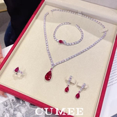 CUMEE .银镀金 简约设计感水滴鸽血红培育合成红宝石套装 春季 新款