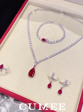 简约水滴培育红宝石银镀金套装